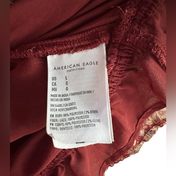 American Eagle Sheer Floral Blouse Large Burgundy Long Sleeve Boho Peasant Top - Picture 8 of 9